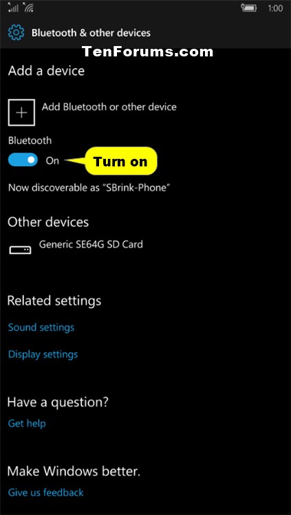 Bluetooth - Turn On or Off in Windows 10 Mobile - Windows ...