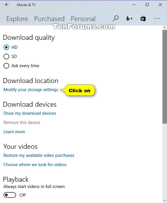 Change Default Download Storage Location For Movies Tv In Windows 10 Tutorials