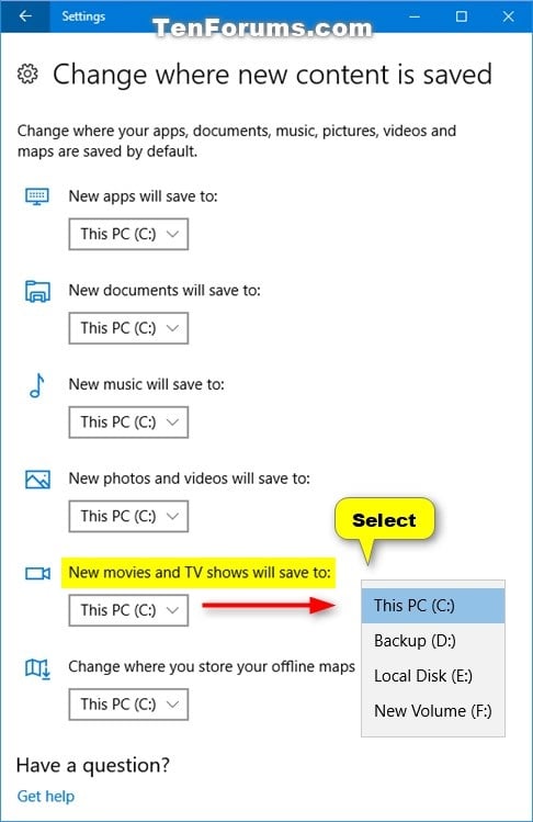 Change Default Download Storage Location For Movies Tv In Windows 10 Tutorials