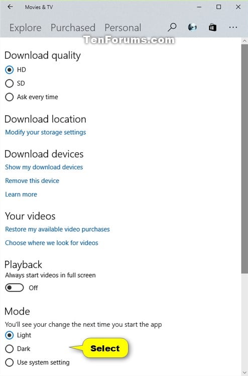 Change Theme Mode For Movies Tv App In Windows 10 Tutorials