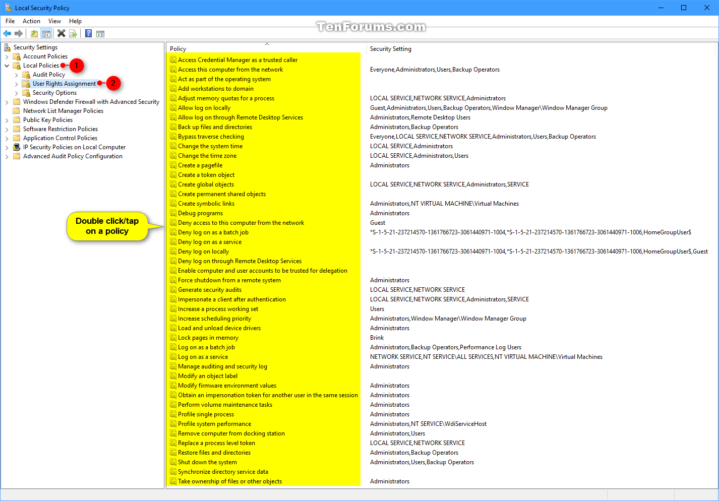 user rights assignment settings