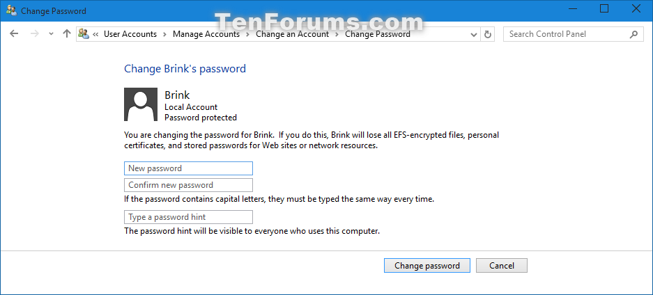 change password windows 10 another user