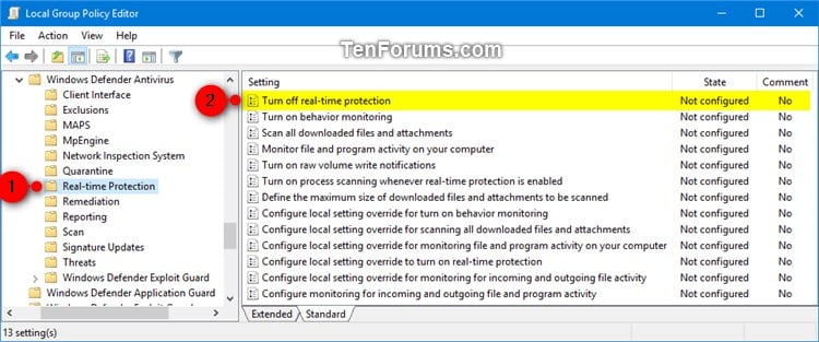 disable real time protection windows 10 regedit