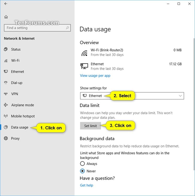 Set Data Limit for Cellular, Wi-Fi and Ethernet Networks in Windows 10 |  Tutorials