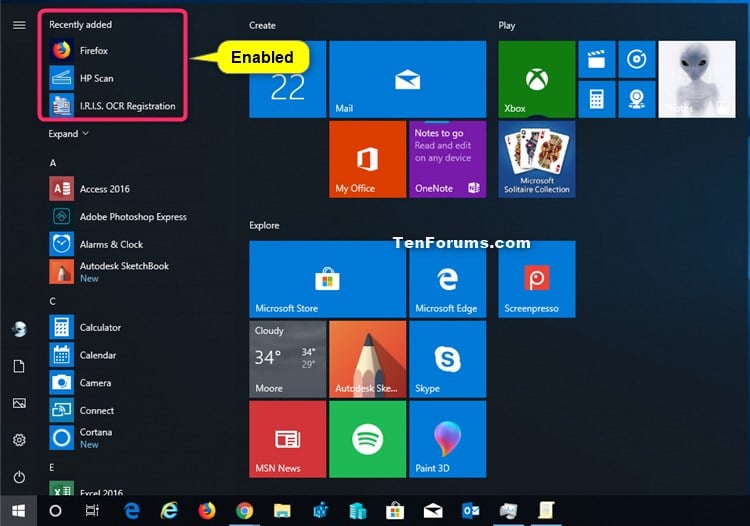 Enable Or Disable Recently Added Apps On Start Menu In Windows 10 Tutorials