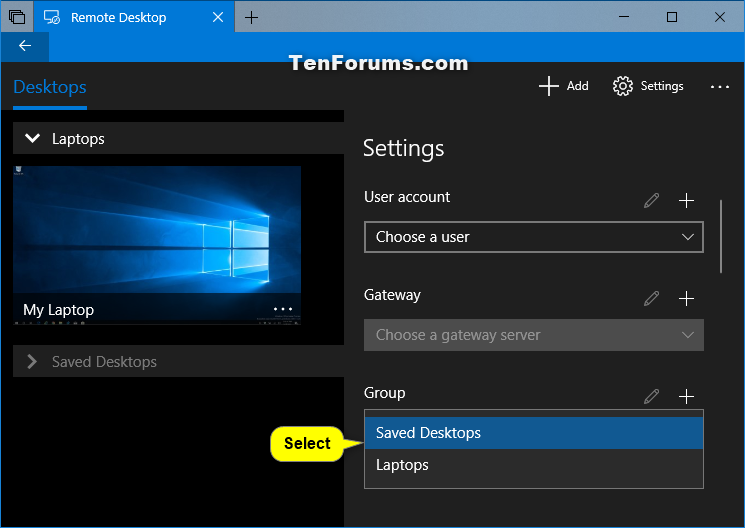 Manage Groups in Remote Desktop app on Windows 10 PC-remote_desktop_app_select_group-2.png