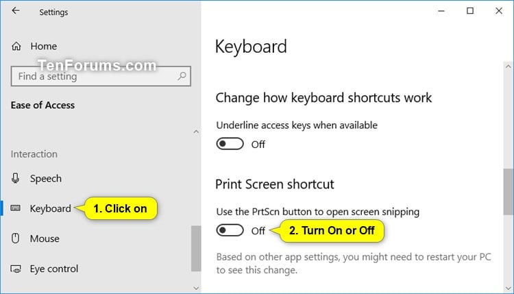 Turn On Use Print Screen Key To Launch Screen Snipping In Windows 10 Tutorials