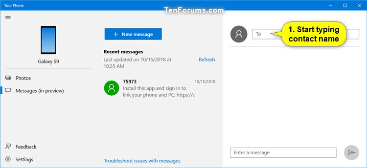 Send Text Messages from Android Phone in Your Phone app on Windows 10-your_phone_app_send_text_message-2.jpg