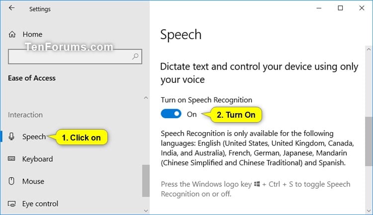 how to start speech recognition windows 10