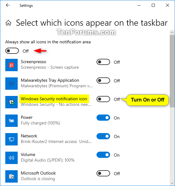 Hide Or Show Windows Security Notification Area Icon In Windows 10