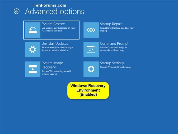 Enable Or Disable Windows Recovery Environment In Windows Tutorials