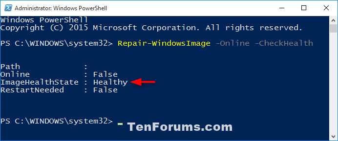 Use DISM to Repair Windows 10 Image-powershell_repair-windowsimage_checkhealth.png