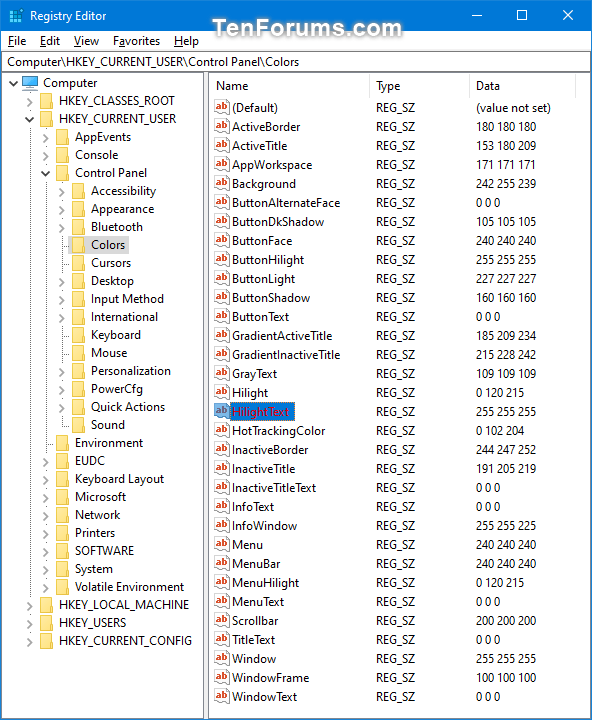 Change Highlighted Text Color in Windows 10-hilighttext_color_registry_editor.png