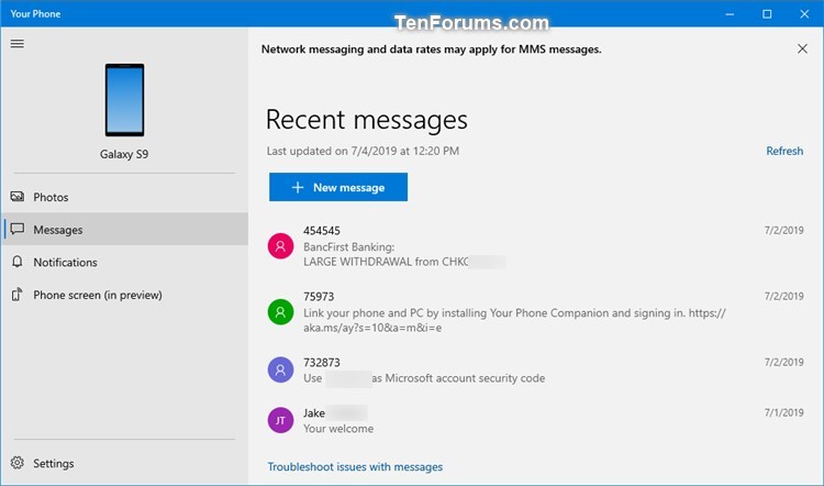 Turn Off Show Text Messages from Phone in Your Phone app on Windows 10-your_phone_messages-1.jpg