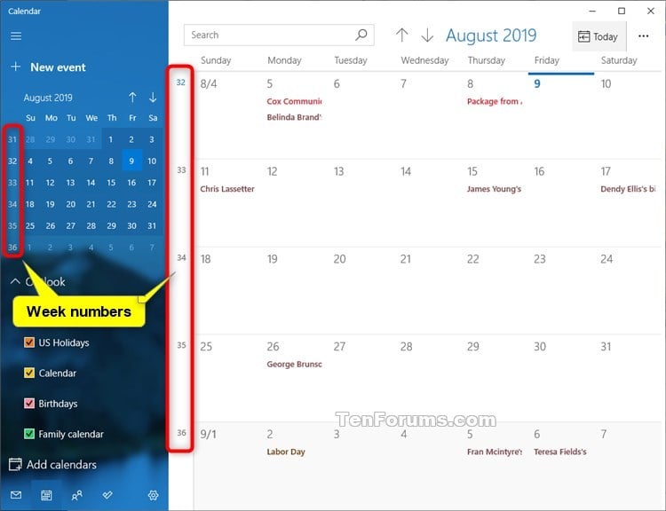 Turn On or Off Week Numbers for Calendar app in Windows 10 Tutorials