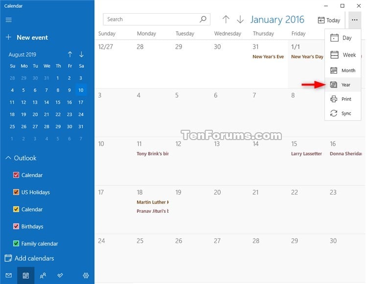 Change View in Calendar for Windows 10 Tutorials