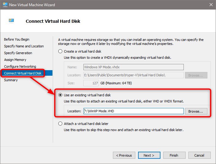 Import Windows XP Mode from Windows 7 to Windows 10-use-existing-vhd.jpg