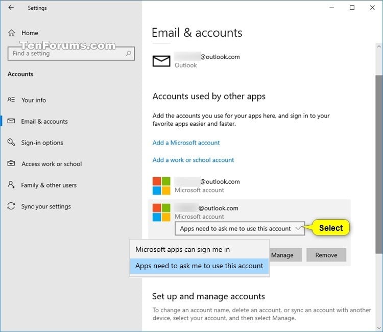 remove all accounts windows 10