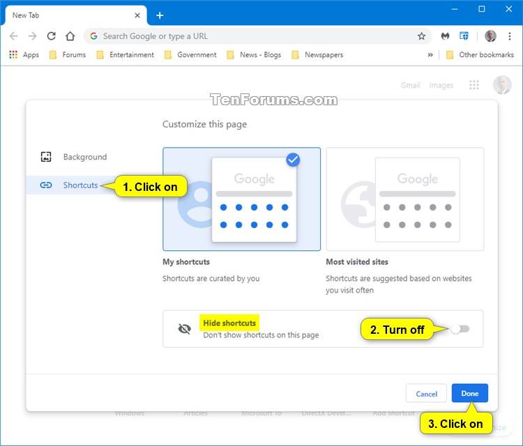 Hide or Show Shortcuts on New Tab Page in Google Chrome | Tutorials