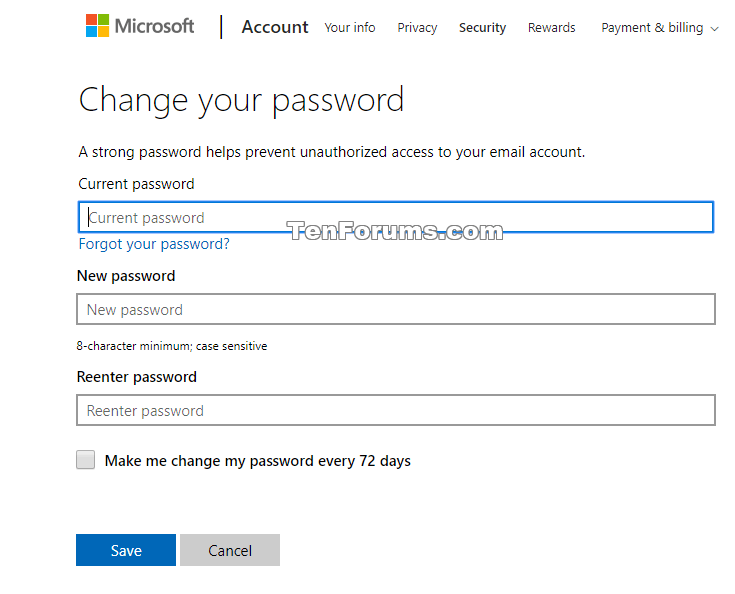 how to change microsoft account password in windows 10