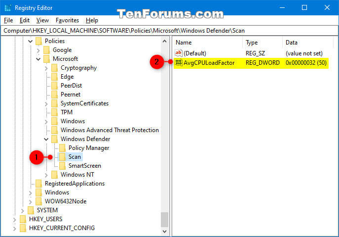 Set Windows Defender Antivirus Max CPU Usage for a Scan in Windows 10-avgcpuloadfactor_regedit-1.png