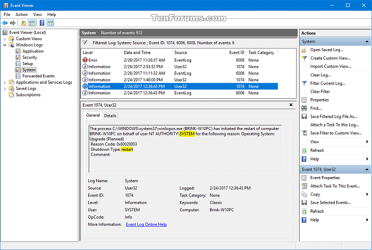 Read Shutdown Logs in Event Viewer in Windows-event_id_1074_restart.png
