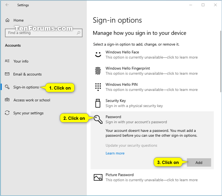 how to add password to local account in windows 10