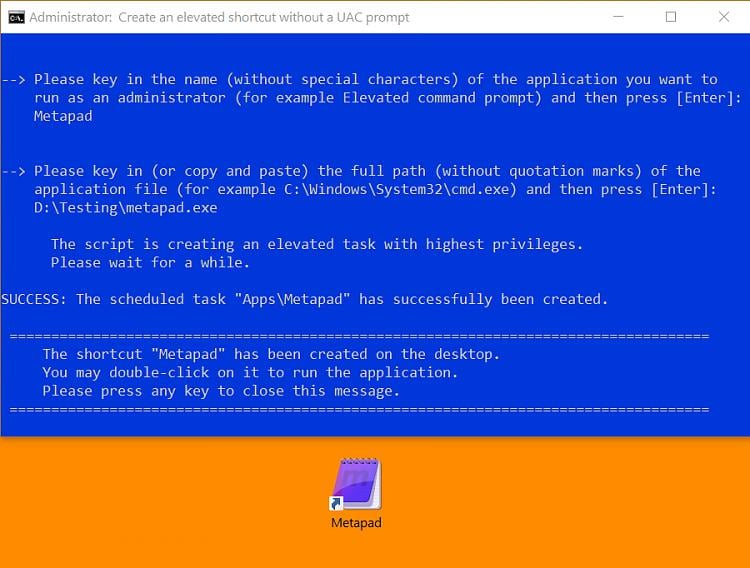 Create Elevated Shortcut without UAC prompt in Windows 10-shortcut-metapad.jpg