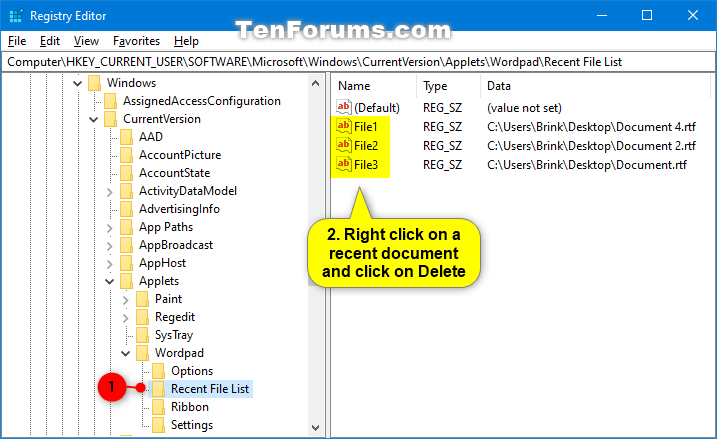 How to Clear Recent Documents History in WordPad app in Windows 10-wordpad_recent_documents_regedit-1.png