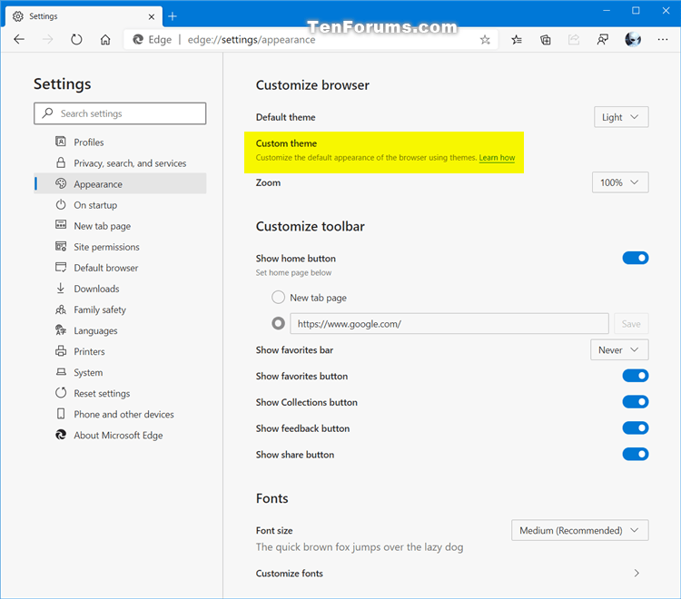 Enable Install Google Chrome Themes in Microsoft Edge Chromium-microsoft_edge_custom_theme_default.png