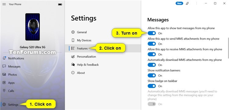 Turn Off Show Text Messages from Phone in Your Phone app on Windows 10-your_phone_messages_on.jpg