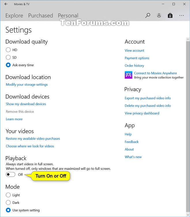 Turn On Or Off Full Screen Playback In Movies Tv App In Windows 10 Tutorials