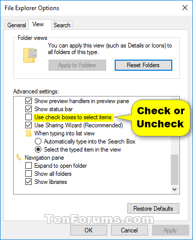 turn off checkbox windows 10