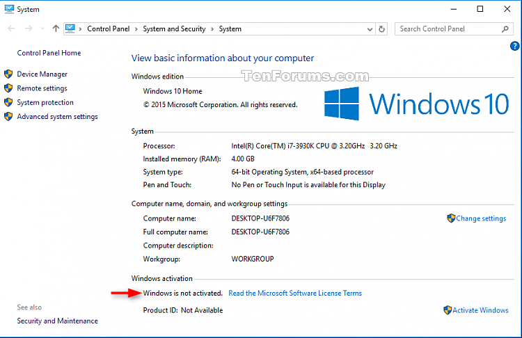 Check Activation of Windows 10-system_not_activated.png