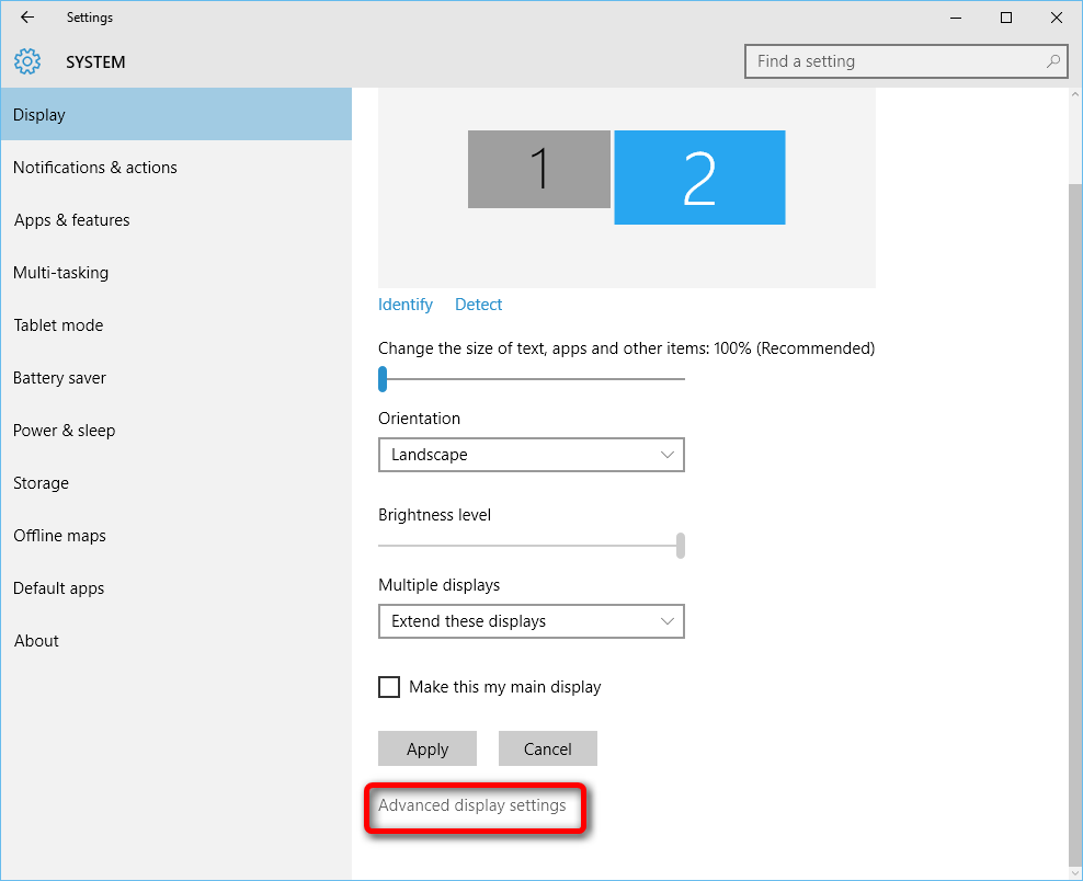 restore default display settings windows 10