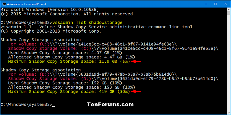 Change System Protection Max Storage Size for Drive in Windows 10-vssadmin_list_shadowstorage.png