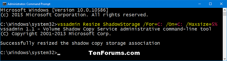 Change System Protection Max Storage Size for Drive in Windows 10-vssadmin_resize_shadowstorage_percentage.png