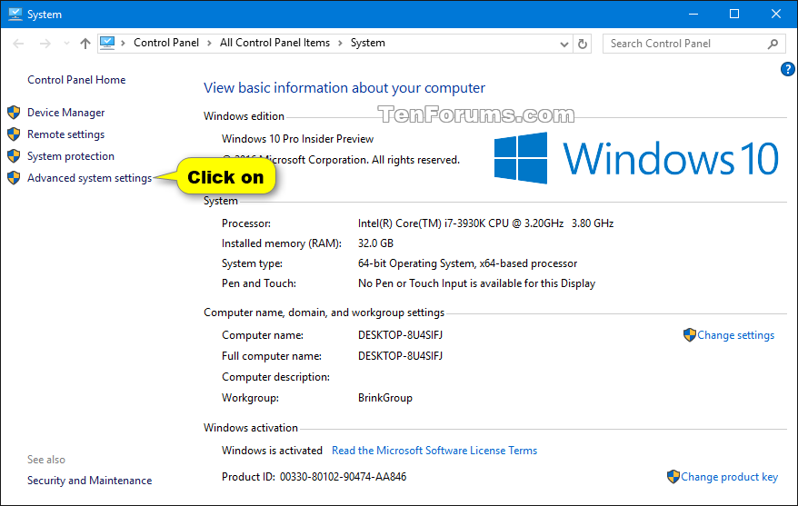 change computer name and workgroup windows 10