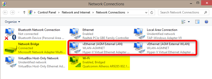 bridge network connections windows 10