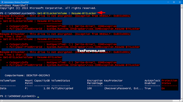 Suspend or Resume BitLocker Protection for Drive in Windows 10-resume_bitlocker_protection_for_all_drives_powershell.png