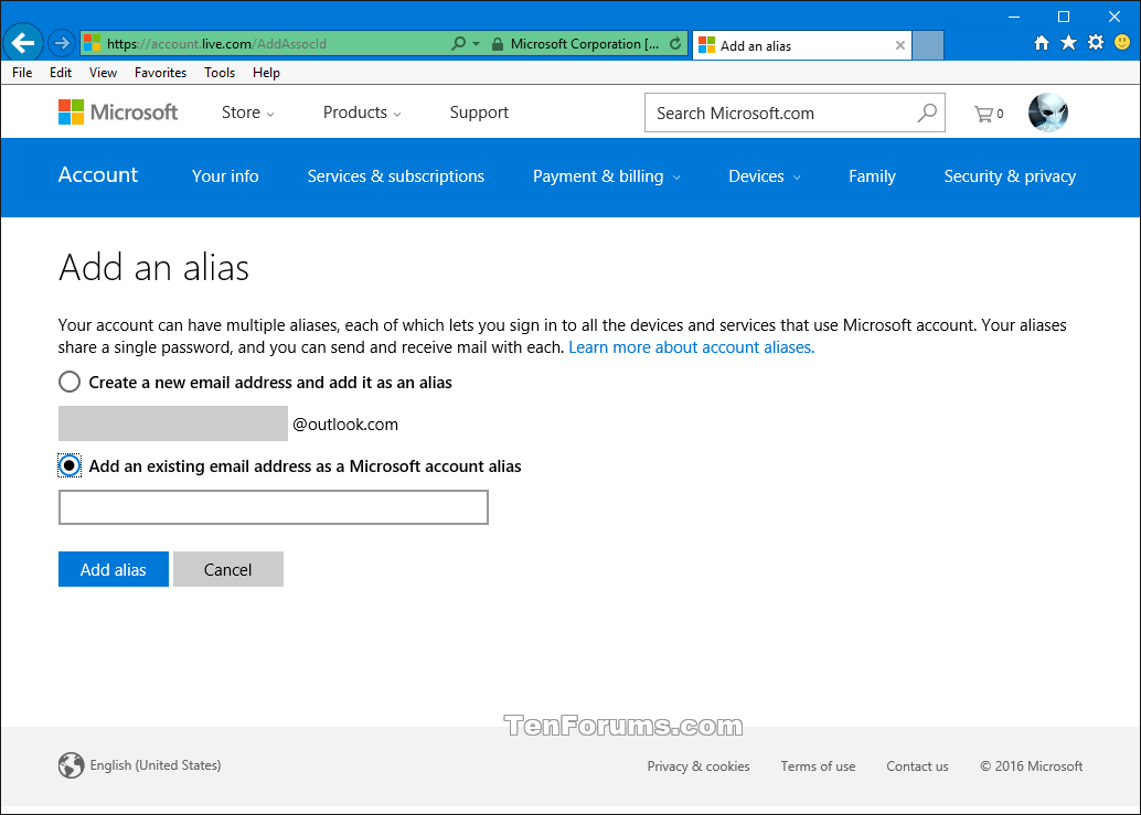 add email alias to microsoft account