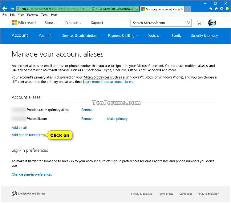 add alias to my microsoft account