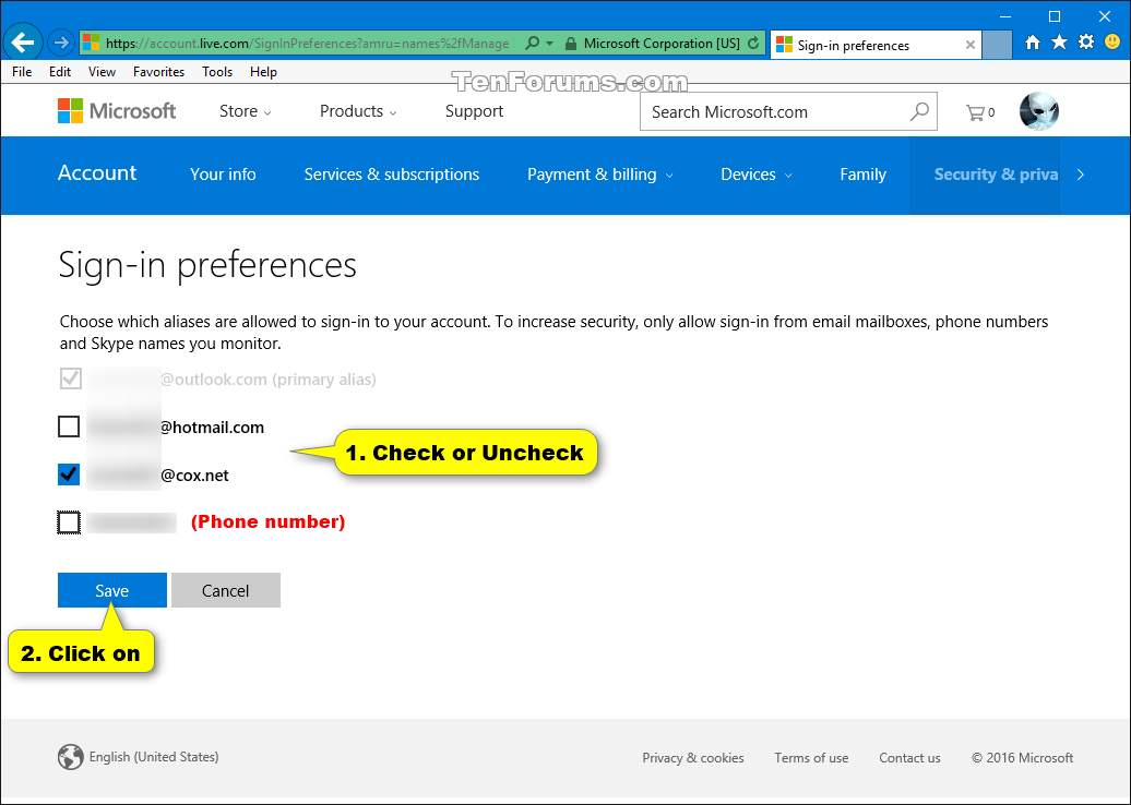 Change Sign-in Preferences of Microsoft Account Aliases ...