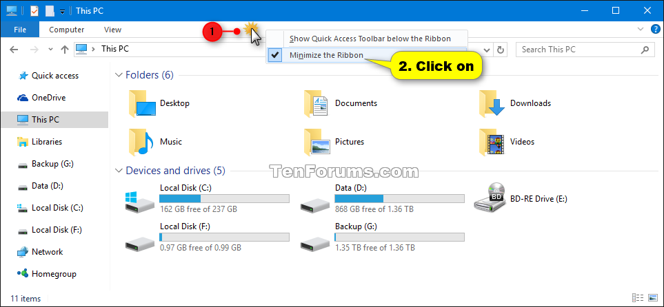 File Explorer Ribbon - Hide or Show in Windows 10 - Windows 10 Customization Tutorials
