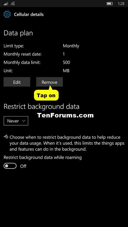 Data Usage Limit - Set on Windows 10 Mobile Phone-remove_data_usage_limit-1.jpg