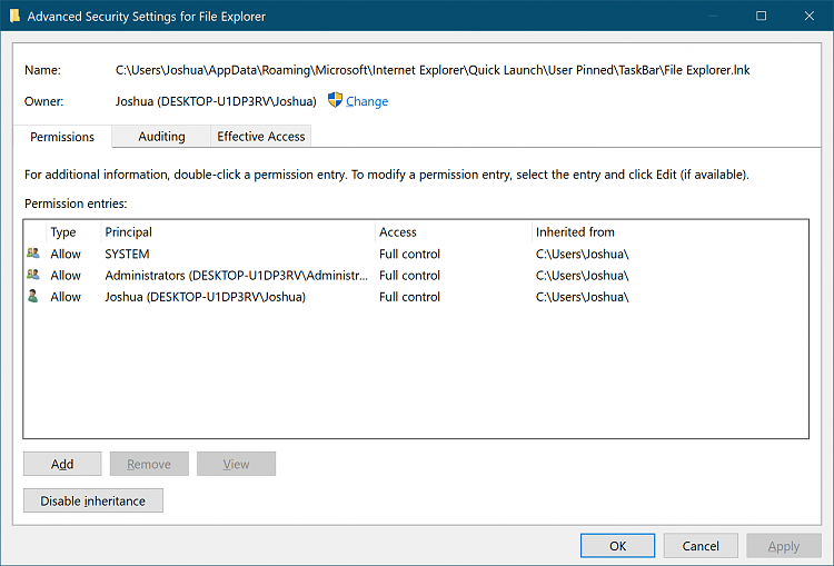 Can't modify Task Scheduler for UpdateOrchestrator even as Admin-advanced-security-settings-file-explorer.png