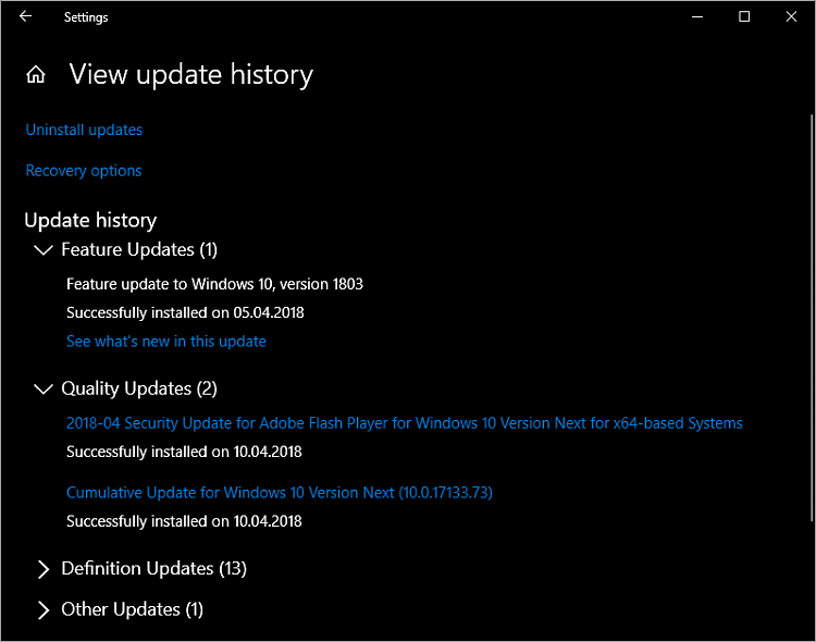 KB4100375 Windows 10 Insider Release Preview Build 17133.73 - Apr.10-17133.73-updatehistory.png