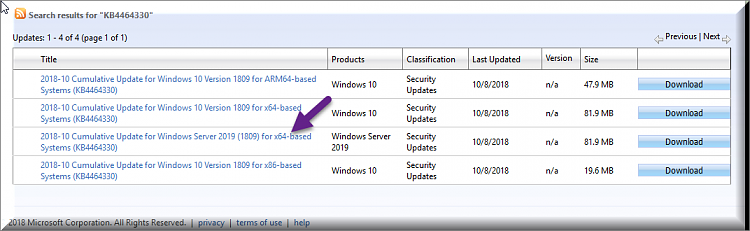 Cumulative Update KB4464330 Windows 10 v1809 Build 17763.55 - Oct. 9-kb4464330-still-available-microsoft-update-catalog.png