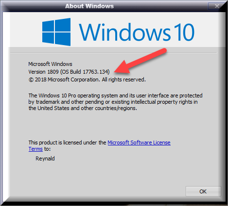 Cumulative Update KB4464455 Windows 10 v1809 Build 17763.107 - Nov. 13-winver-after-installing-kb4467708.png