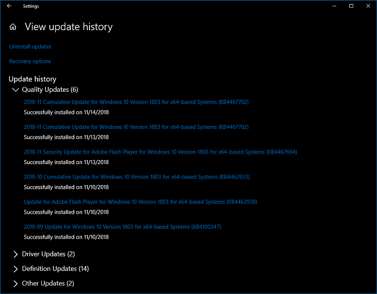 Cumulative Update KB4467702 Windows 10 v1803 Build 17134.407 - Nov. 13-twice.png